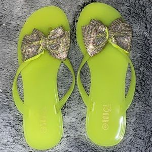Neon Green Iridescent Rhinestone Bow Jelly Sandals